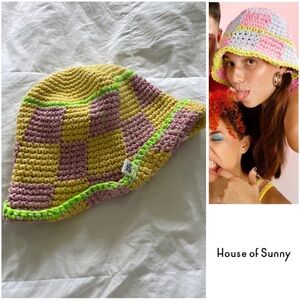 House of Sunny x Candela 🌸 pink & purple hand knit block print bucket hat